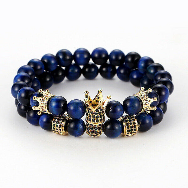 Blue Tiger Eye Stone Crown Bracelet Set