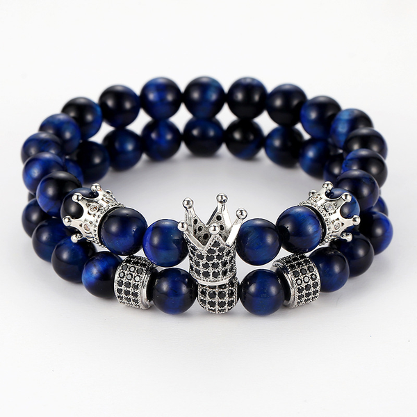 Blue Tiger Eye Stone Crown Bracelet Set