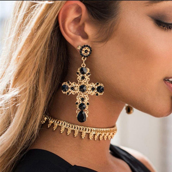 New Arrival Vintage Black Pink Big Crystal Cross Drop Earrings