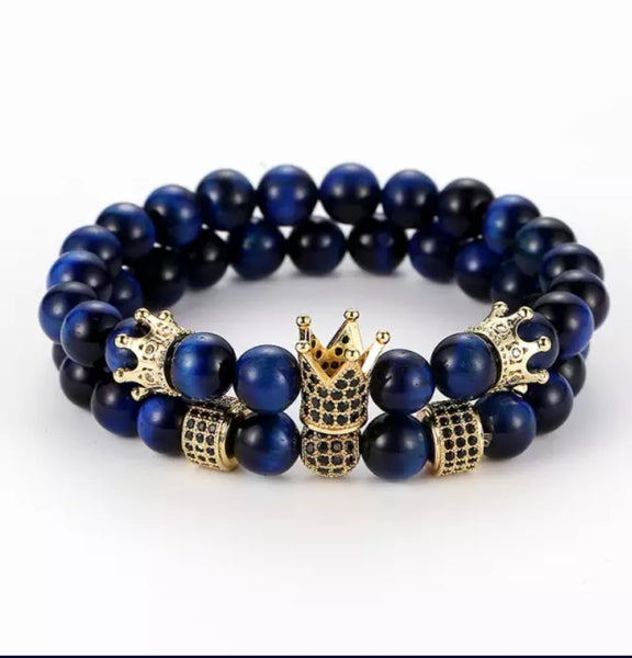 Blue Tiger Eye Stone Crown Bracelet Set