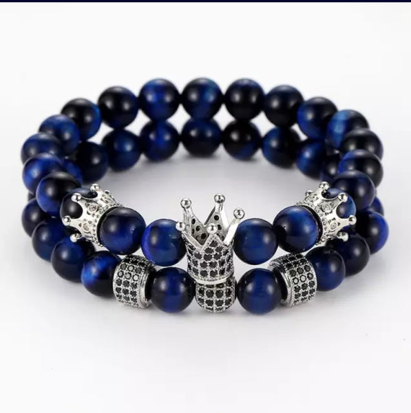 Blue Tiger Eye Stone Crown Bracelet Set