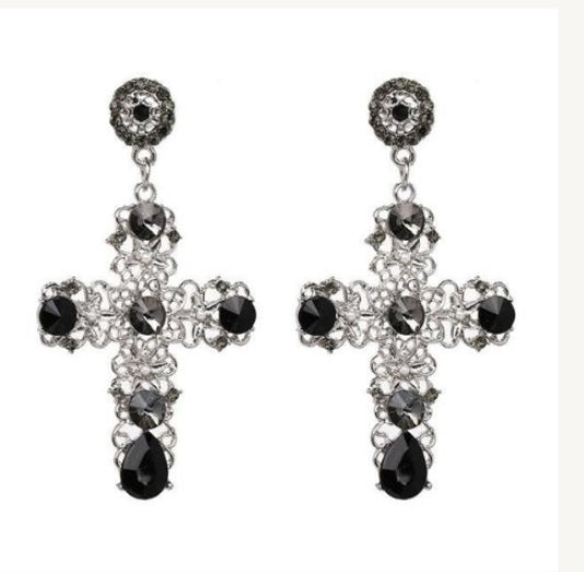 New Arrival Vintage Black Pink Big Crystal Cross Drop Earrings