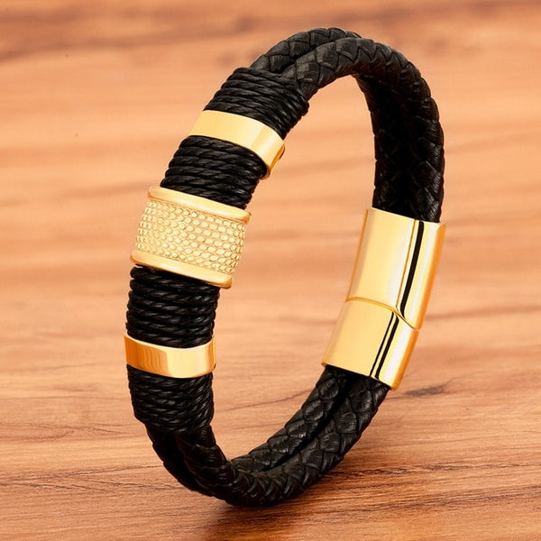Woven Leather Rope Wrapping Classic Stainless Steel Men Bracelet Double-layer Design