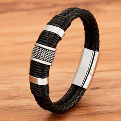 Woven Leather Rope Wrapping Classic Stainless Steel Men Bracelet Double-layer Design