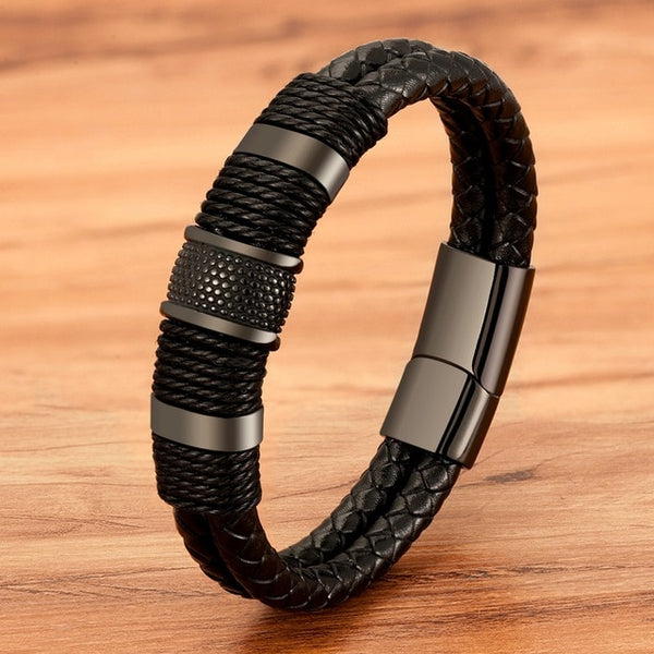 Woven Leather Rope Wrapping Classic Stainless Steel Men Bracelet Double-layer Design