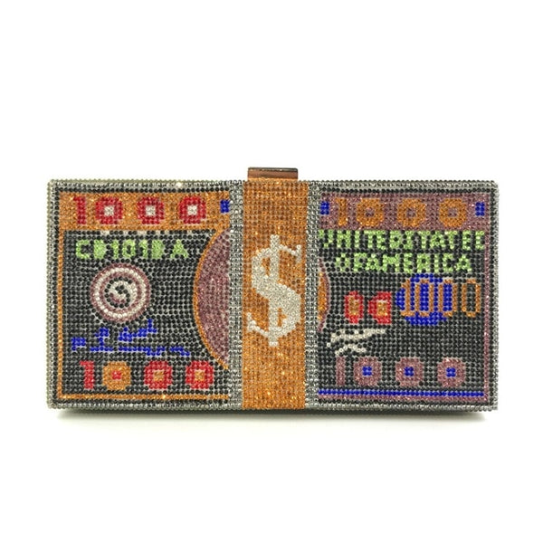 Money Clutch Rhinestone Purse 10000 Dollars Stack of Cash Evening