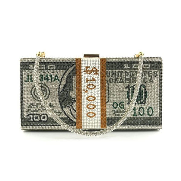 Money Clutch Rhinestone Purse 10000 Dollars Stack of Cash Evening