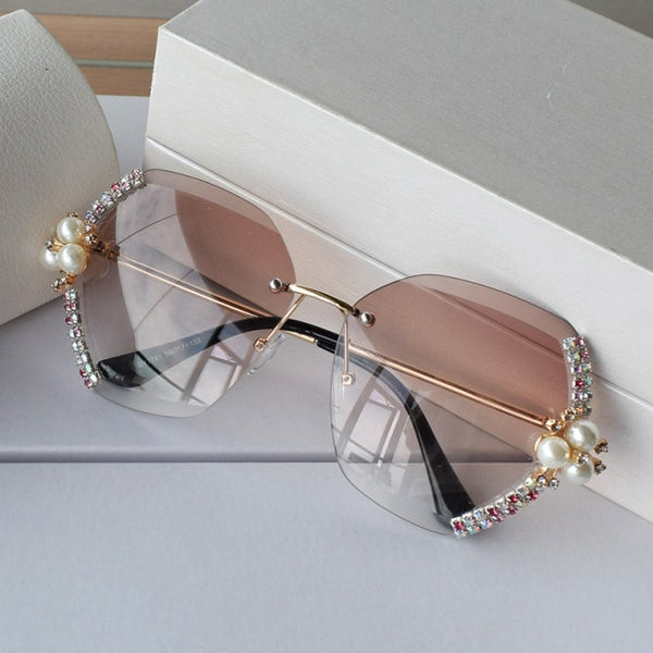 Diamond Pearl Gradient Sunglasses Women Rimless Vintage Luxury Crystal Glasses Fashion Vintage Eyeglasses Lentes De Sol Mujer