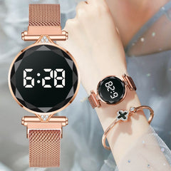 Luxury Digital Magnet Women Watches Rose Gold Stainless Steel  Watch